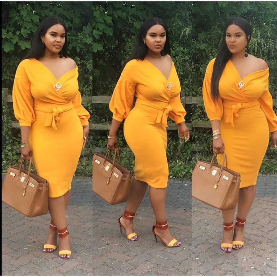 Deep V-Neck Cold Shoulder Bodycon Dress - YELLOW / M