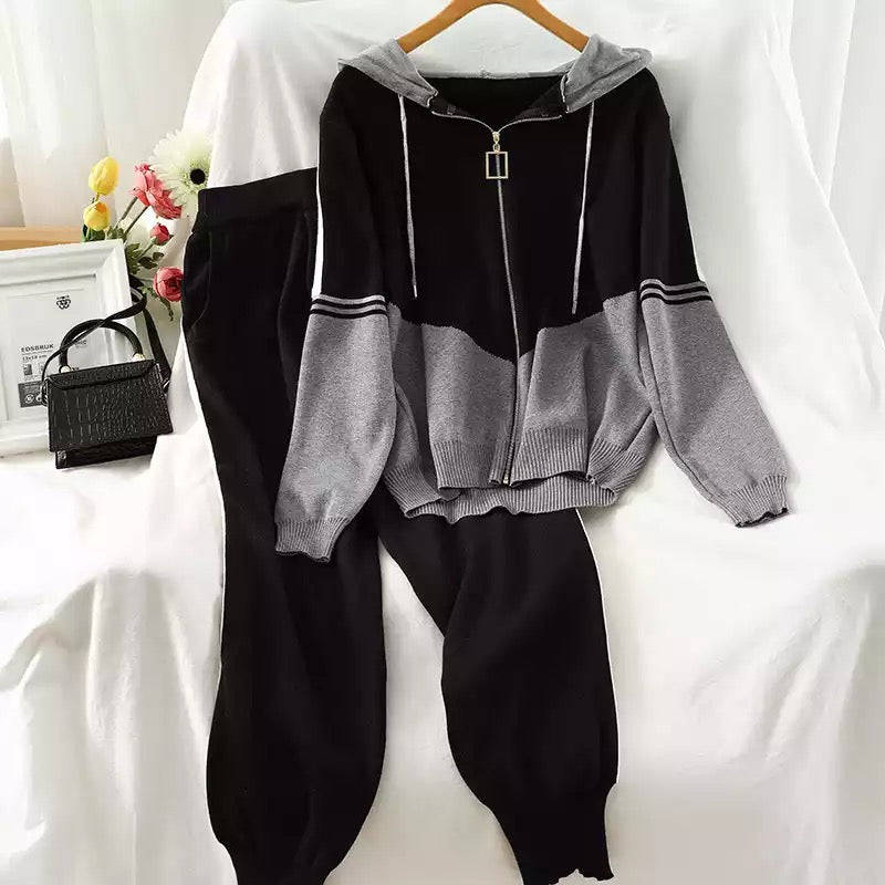 Knit Winter Hooded Zipper Two-piece Set
