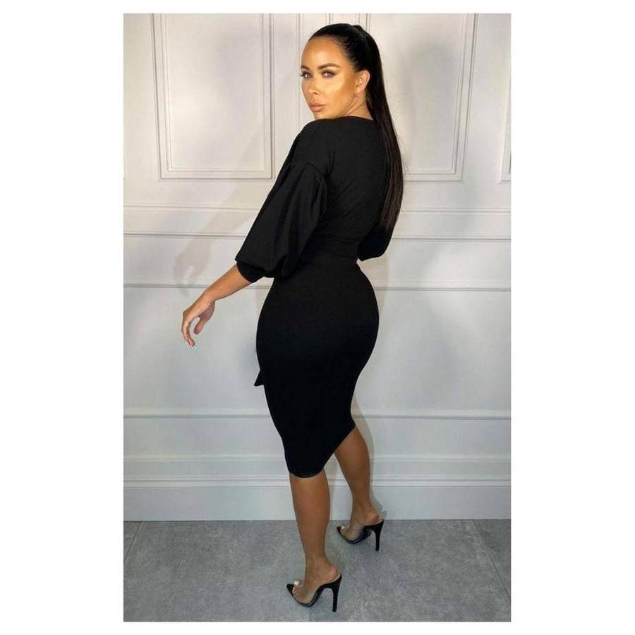 Deep V-Neck Cold Shoulder Bodycon Dress - RED / L