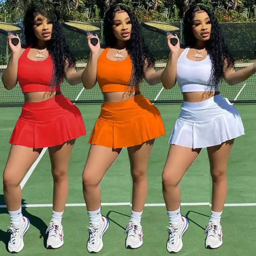 Summer Sports Tank Crop Top & Pleated Skirt Set - RED / L