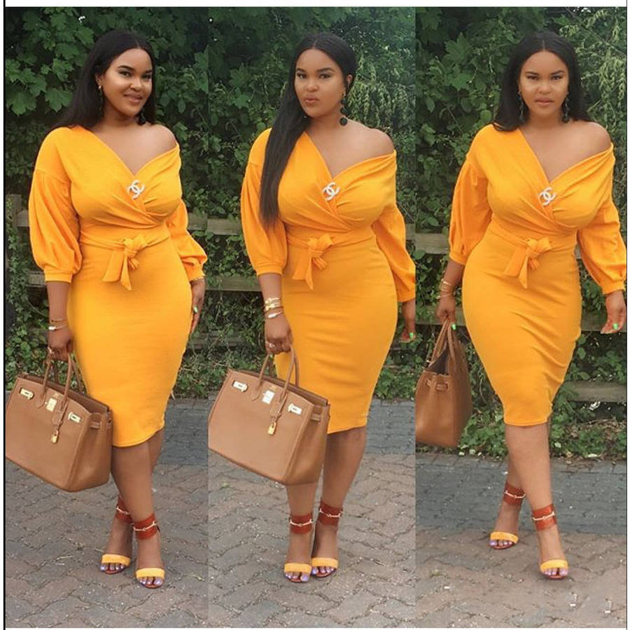 Deep V-Neck Cold Shoulder Bodycon Dress - YELLOW / M