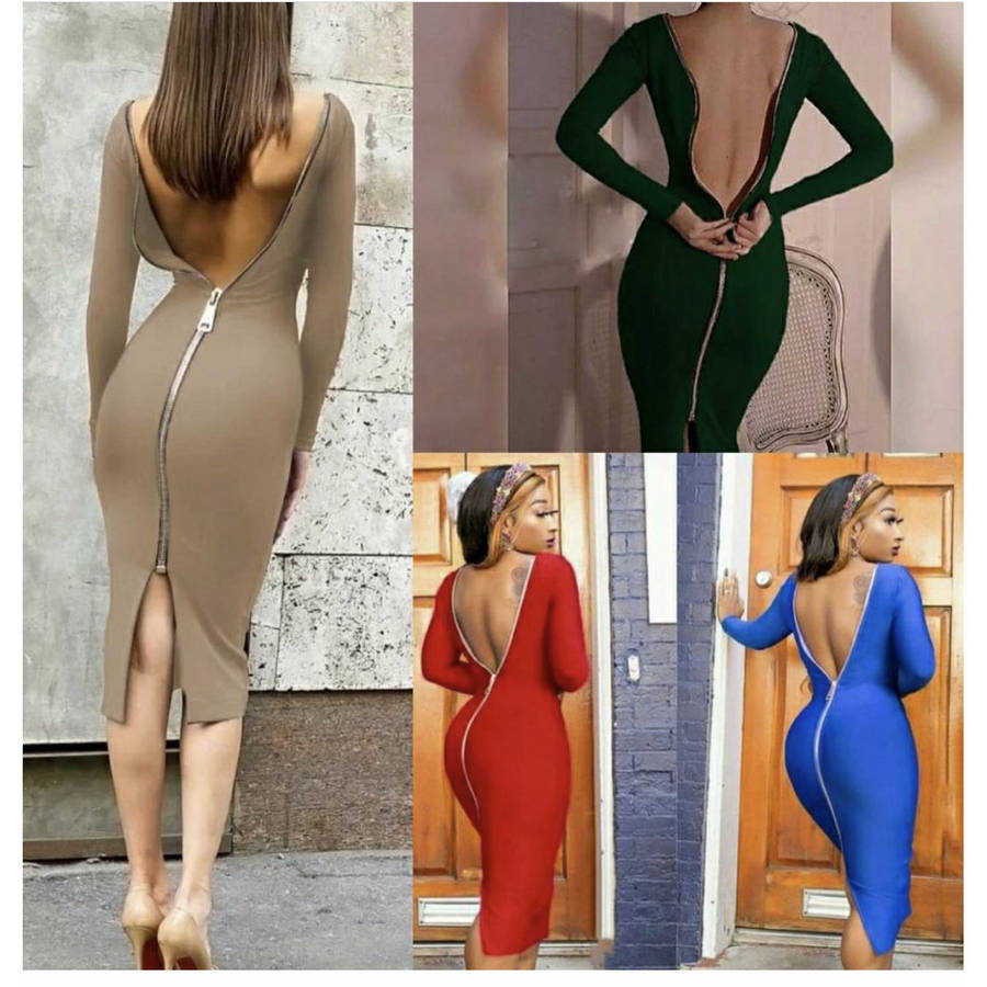 Long Sleeve Back Zipper Dress - GREEN / L