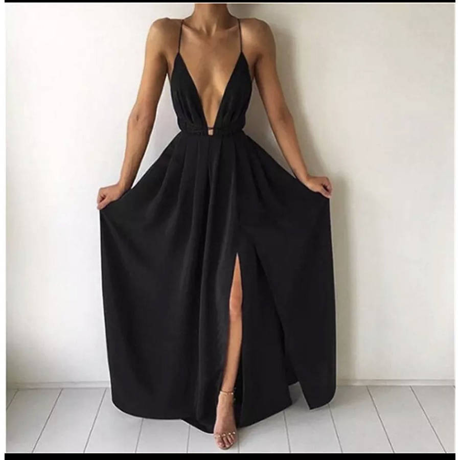Deep V Neck Side Slit Maxi Dress - BLACK / XL