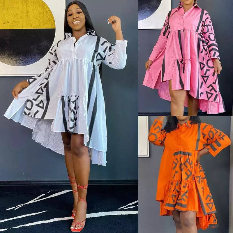 Printed Ruffles Irregular Dress