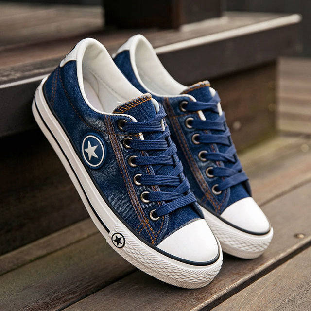 2017 LAISUMK Women Casual Shoes Canvas New Denim Trainers Stars Fashion Flats Bas... - Deep Blue / 6