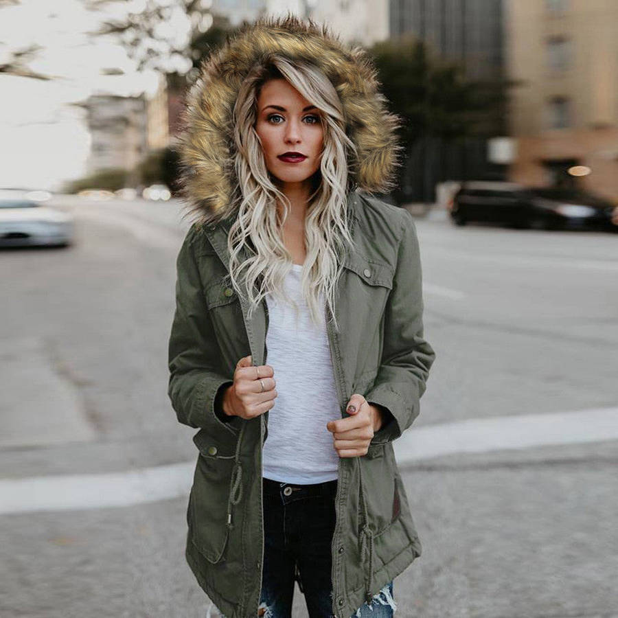 Hooded Cotton Winter Coat Warm Long Jacket - army green / L