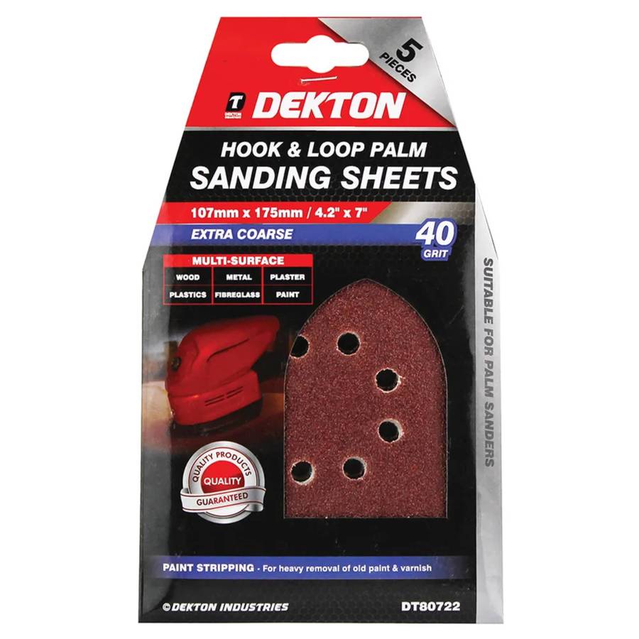 DEKTON 5PC Hook and Loop Palm Sanding Sheets 107mm x 175mm - Extra Coarse 40 Grit