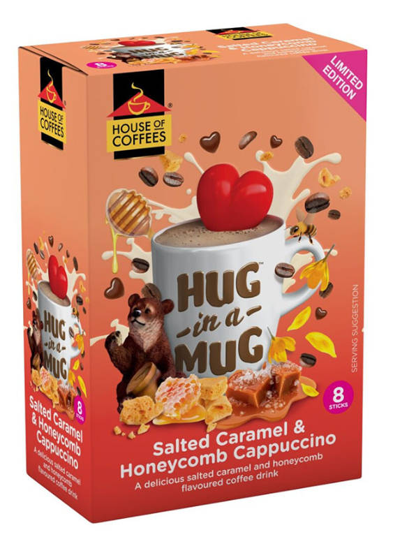 Hug in a mug Salted Caramel and Honeycomb Cappuccino box of 8 sachets