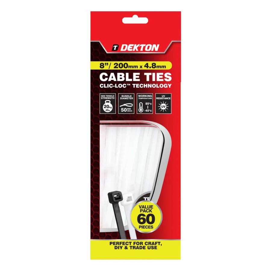 DEKTON 60PC 4.8mm x 200mm White Cable Ties