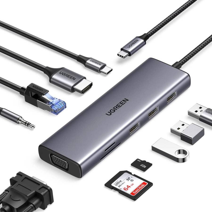 UGREEN 9-in-1 Type-C Hub - SILVER | 3× USB 3.0, 4K HDMI, VGA, RJ45 Gigabit, SD/TF, PD Charging -...