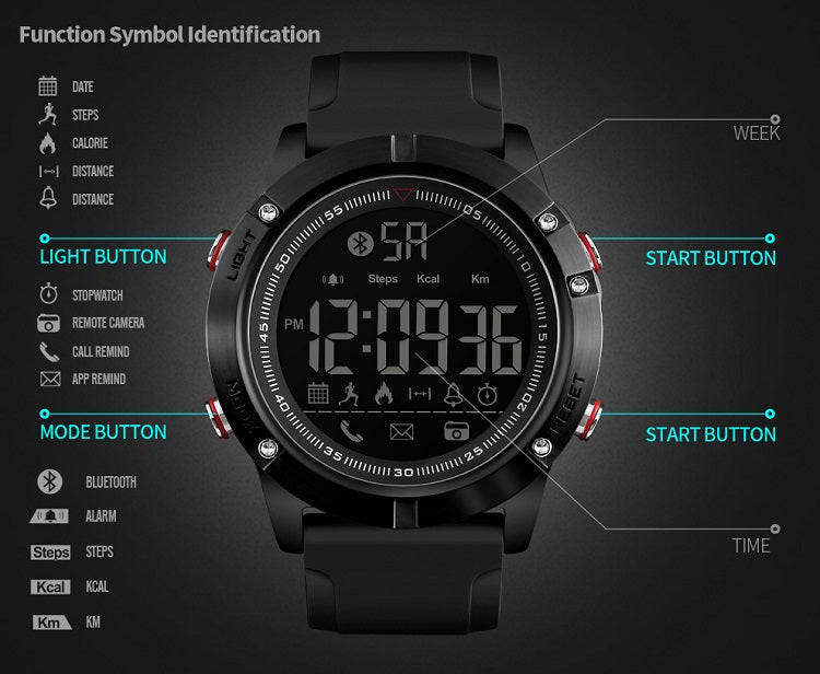 Smart Bluetooth Sport Watch - Pedometer/Reminder Digital Watch skmei 1425 Black