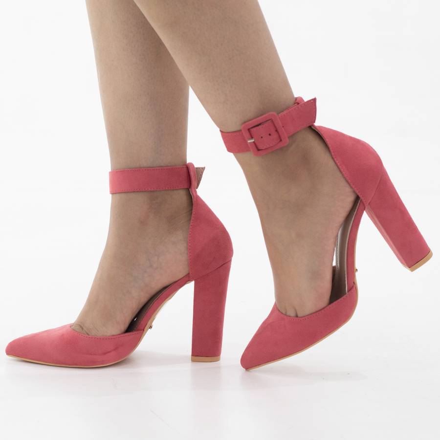 Zirconia open waist pointy on 10cm block heel guava