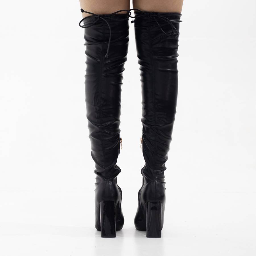 Tomian thigh high pointy high 10.5cm heel boot PU black