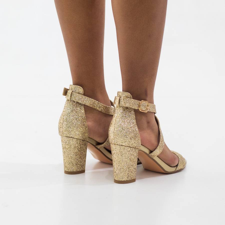 Idifu one band ankle strap 7cm heel glitter sandal gold