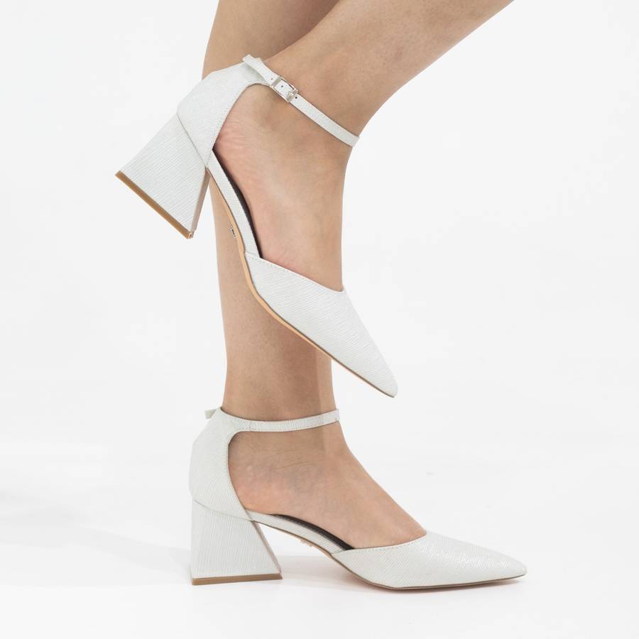 Mibala 6cm heel open waist ankle shimmer strap pointy white