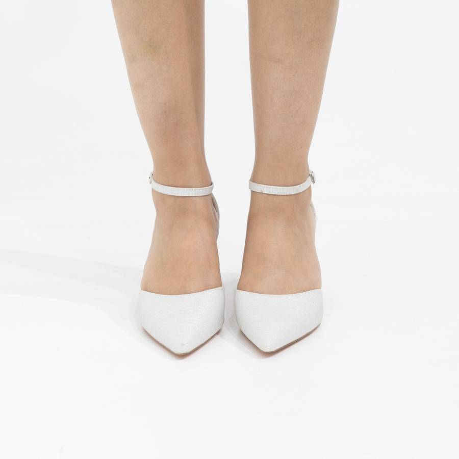 Mibala 6cm heel open waist ankle shimmer strap pointy white