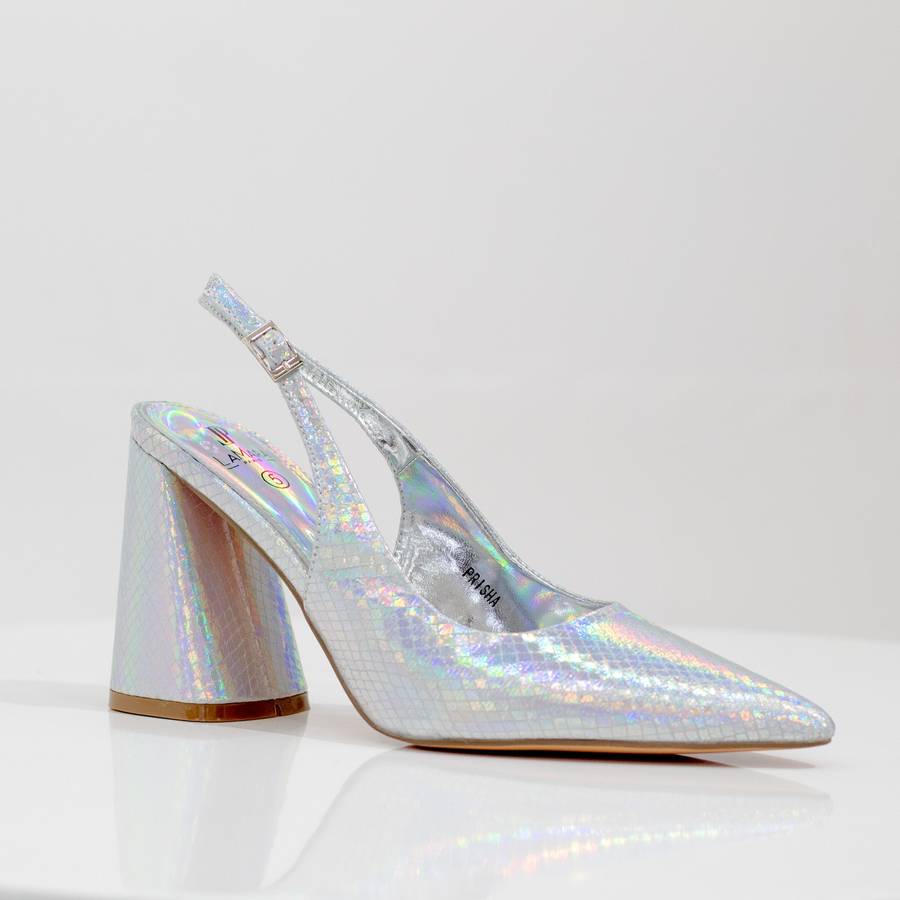 Prisha pointy sling back on a 9cm block heel silver