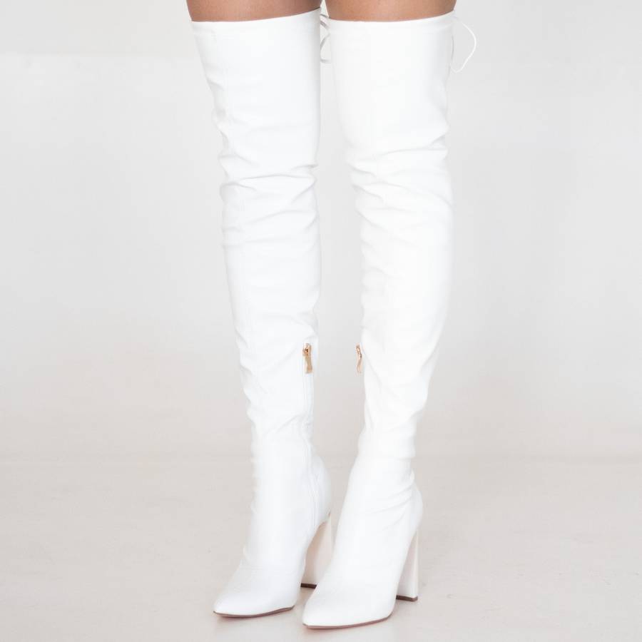 Tomian thigh high pointy high 10.5cm heel boot white