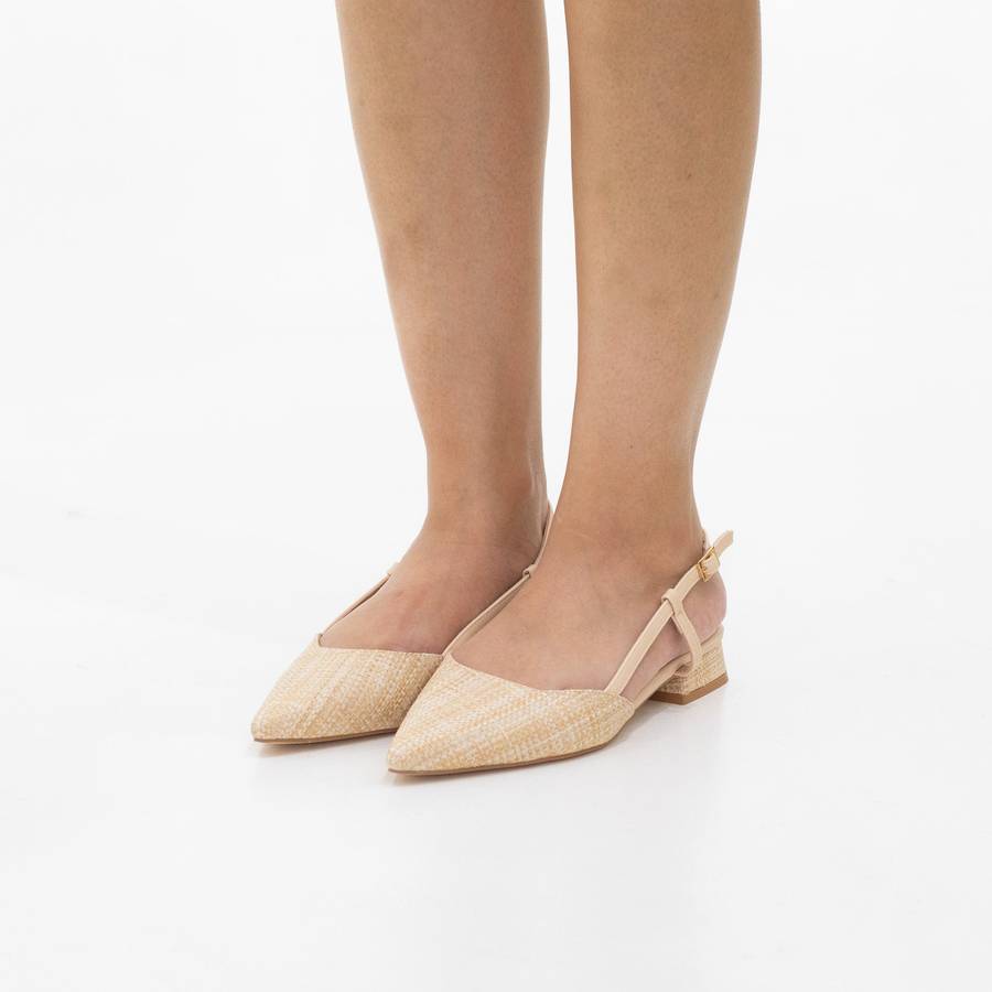 Elena pointy textured-fabric 2cm flat heel sling back pump