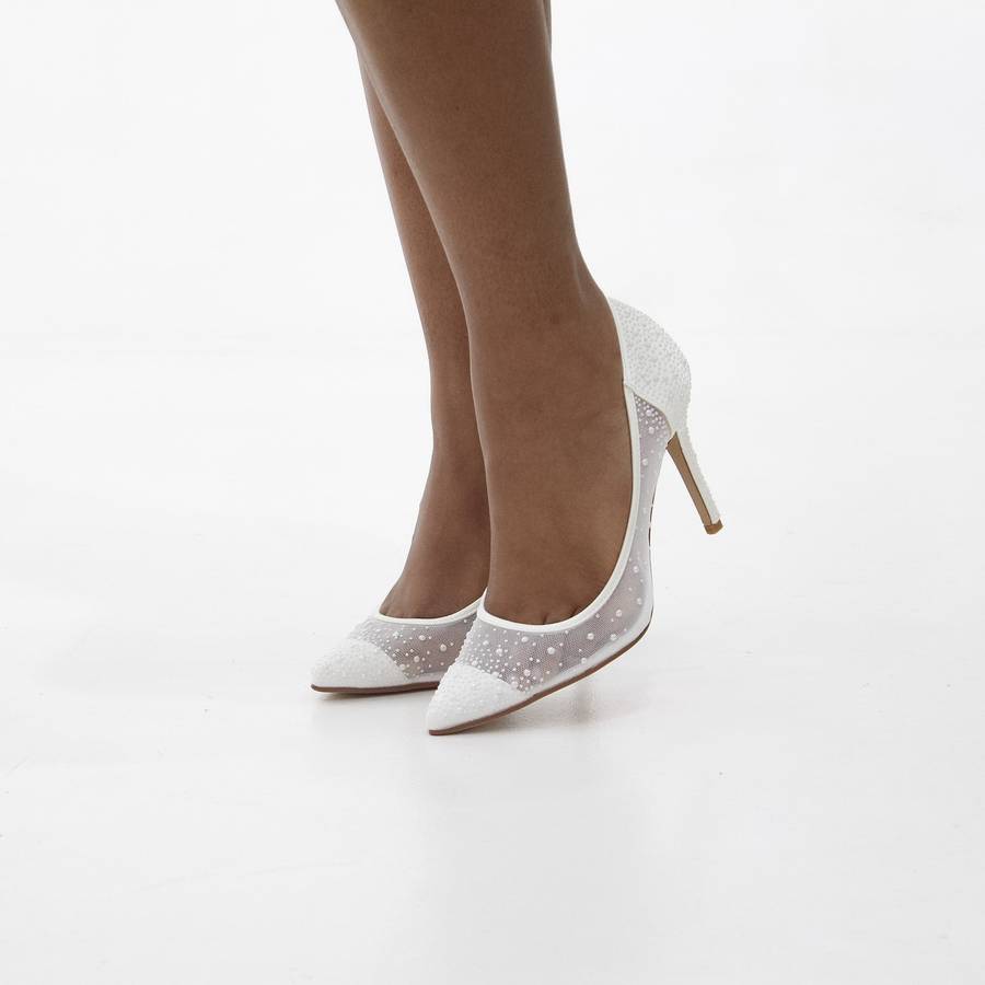 Aisha satin mesh pearl embellished court on 9cm heel