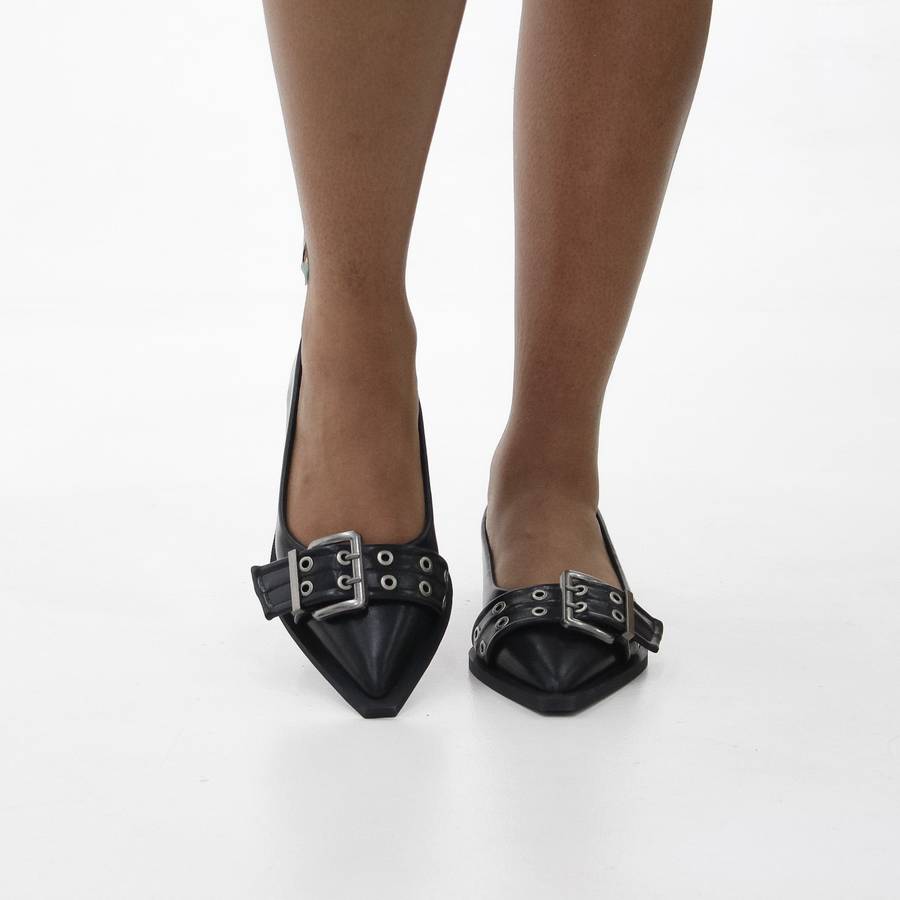Alicja sharp silhouette toe buckle embellished gladiator pump