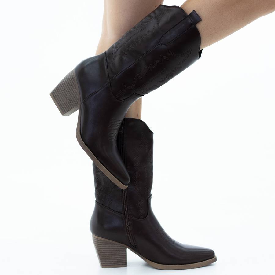 Cowboy embroidered PU mat 7cm heel mid calf boot brown
