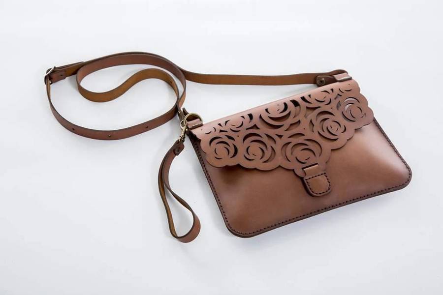 Yuppie Gift Baskets Flower Design Leather Clutch Handbag | Brown