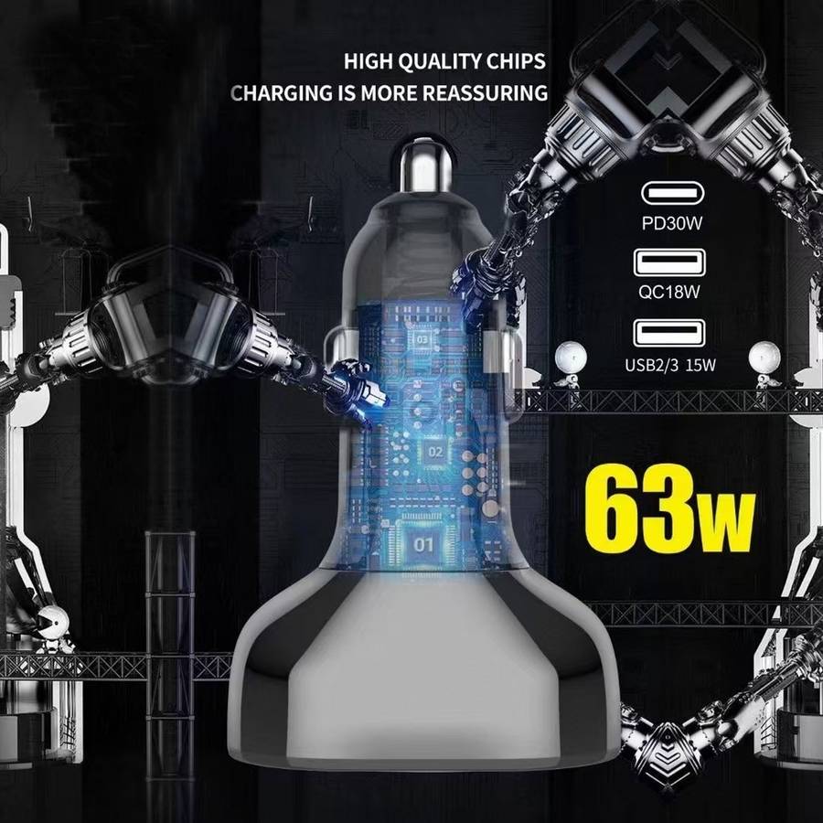 YESPLUS 63W 4-Port Fast Car Charger | USB-A & USB-C | Quick Charge | Black | SWEG Gadgets