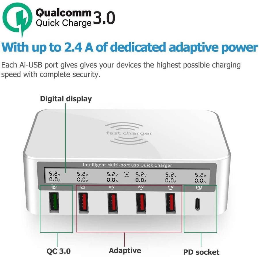 USB Fast Charger, Multi-Port 100W-6 Port USB Fast Charging Stationwith Quick Charge