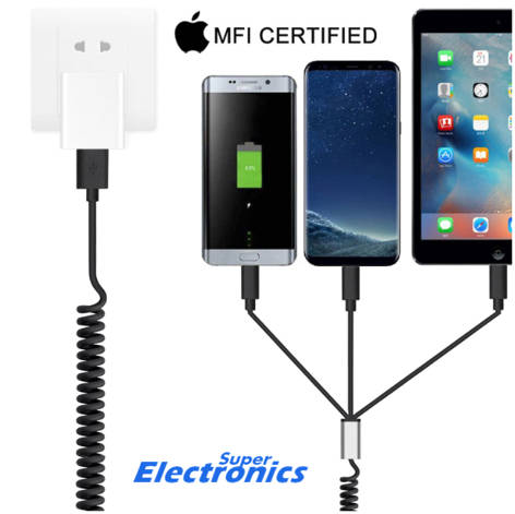 1.5M USB Type C / Lightning / Micro 3 in 1 Charging Cable Multiple Coiled Spring Cord