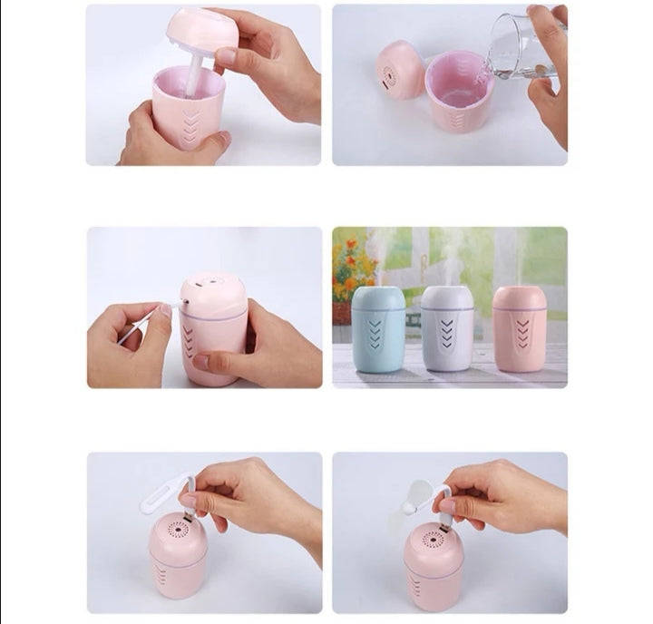 200ml 3 in 1 Fresh Air Mist Humidifier USB Powered LED Night Light Mini Desk Fan