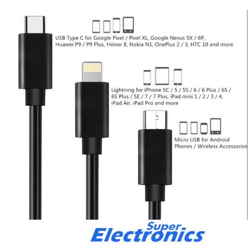 1.5M USB Type C / Lightning / Micro 3 in 1 Charging Cable Multiple Coiled Spring Cord