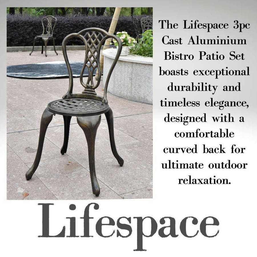 Lifespace Cast Aluminium 3pc Bistro Patio Garden Set with Curved Back (Bronze)