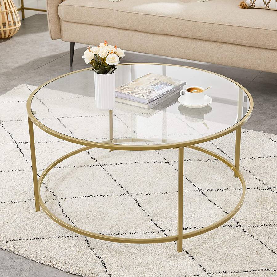 Lifespace Round Glass Coffee Centre Table with Gold Frame