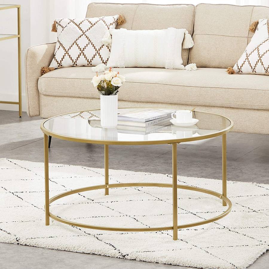 Lifespace Round Glass Coffee Centre Table with Gold Frame