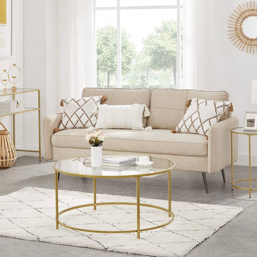 Lifespace Round Glass Coffee Centre Table with Gold Frame
