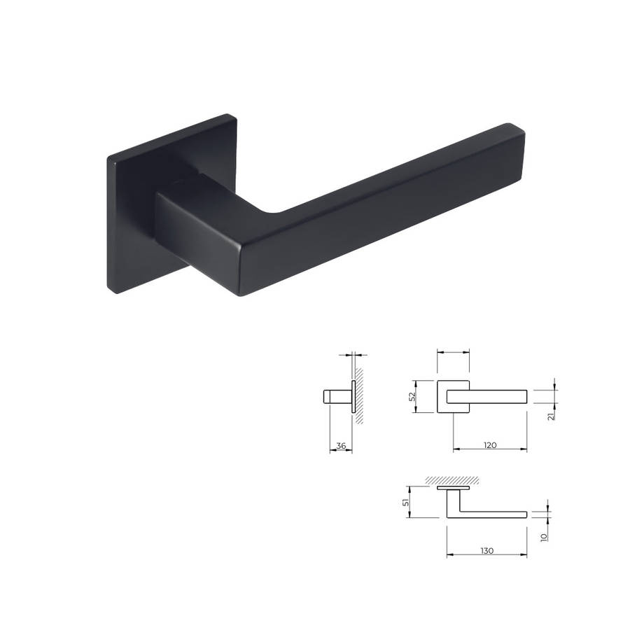 Tupai Modern Square Lever Door Handle on Square Rose in Matt Black