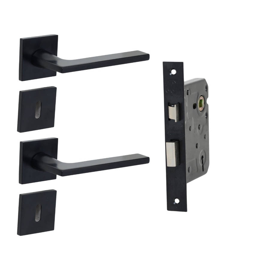Modern Matt Black Door Handle on Square Rose with Two Lever Mortic Lock in Black