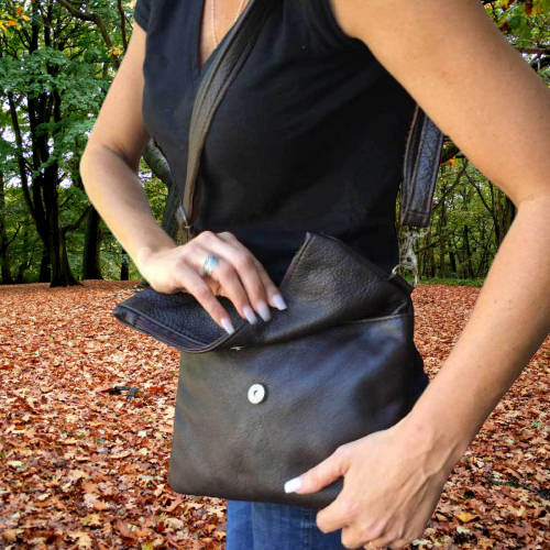 Mirelle Genuine Leather Fold Over Messenger Handbag - Black