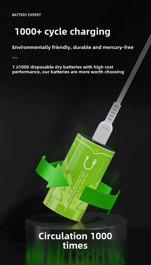BESTON D Cell USB-C Rechargeable Lithium-ion Battery | 1.5V | 4900mAh | 2 Pack