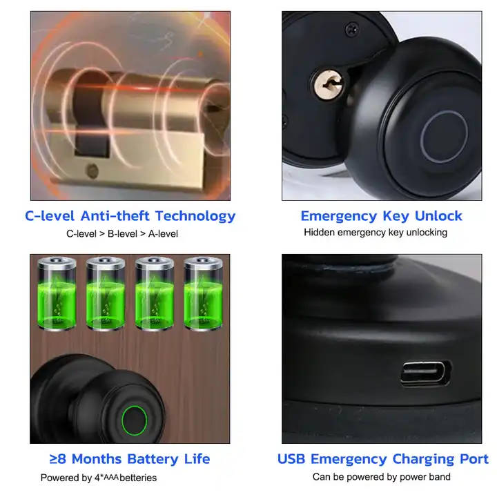 Smart Life Tuya Bluetooth Access Control Fingerprint Knob Door Handle Lock (Black)