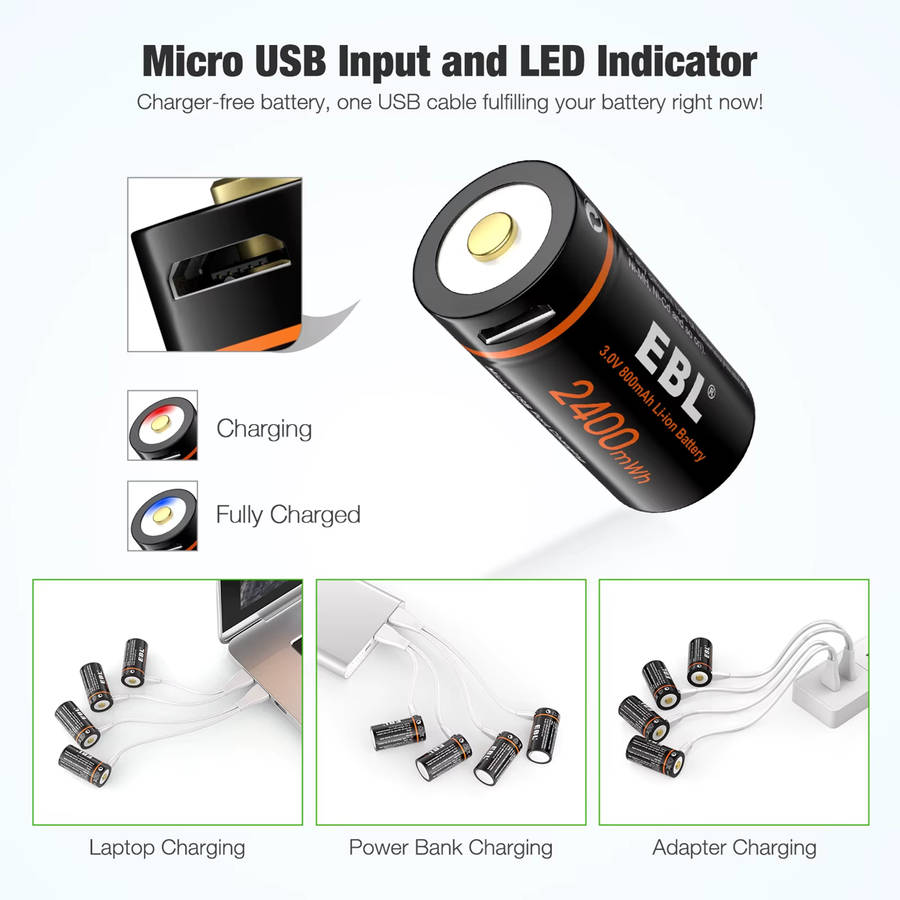 EBL CR123A Micro USB Rechargeable Lithium-ion Battery | 16340 | 3V | 800mAh | 4 Pack