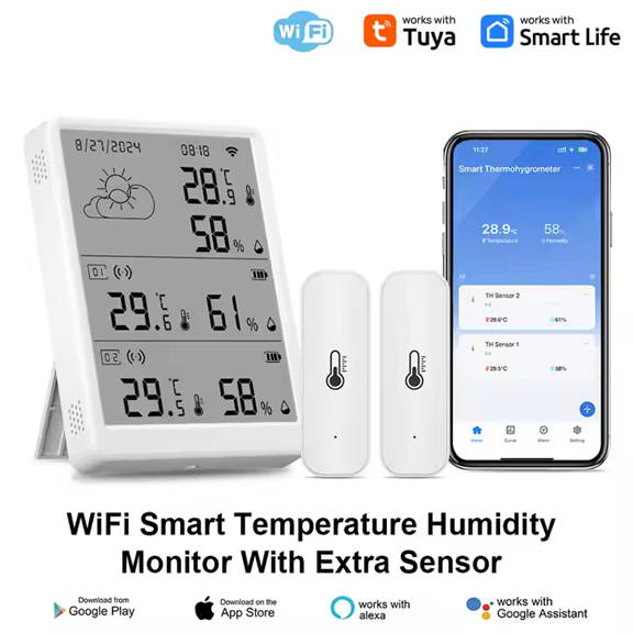 Smart Life Tuya WIFI Temperature Humidity Sensor w/ LCD Display Weather Time Date