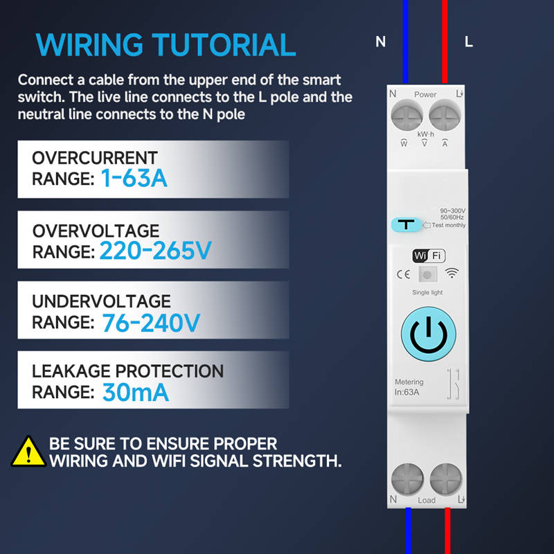 Smart Life Tuya WIFI 1P w/ Neutral & Leakage | 240V 63A 13800W 13.8KW w/ Power Monitor