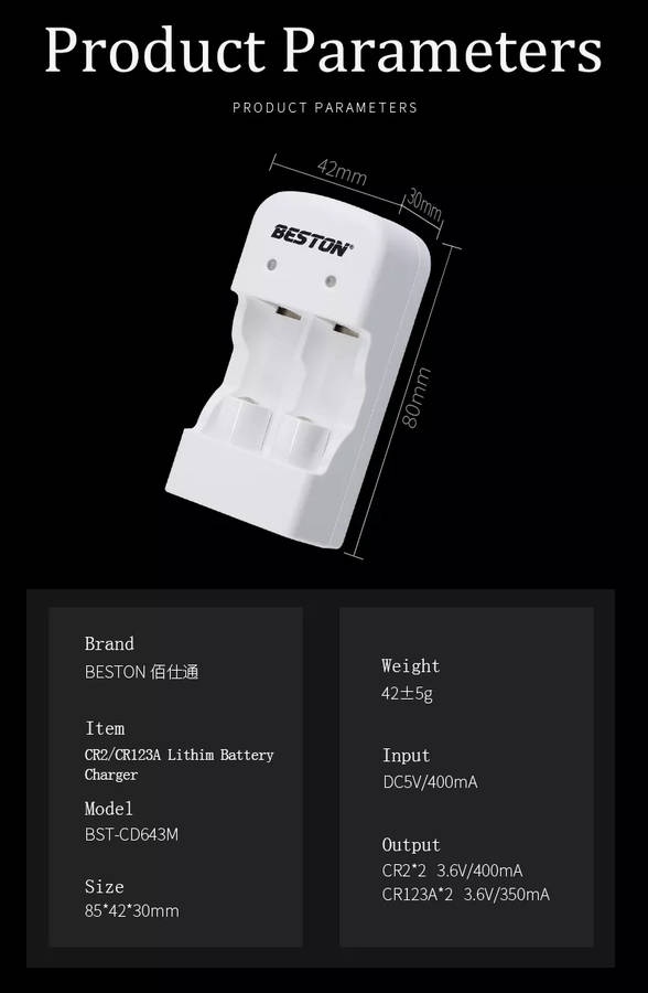 BESTON CR2 Rechargeable LiFePO4 Battery | 15270 | 3V | 300mAh | 2 Pack