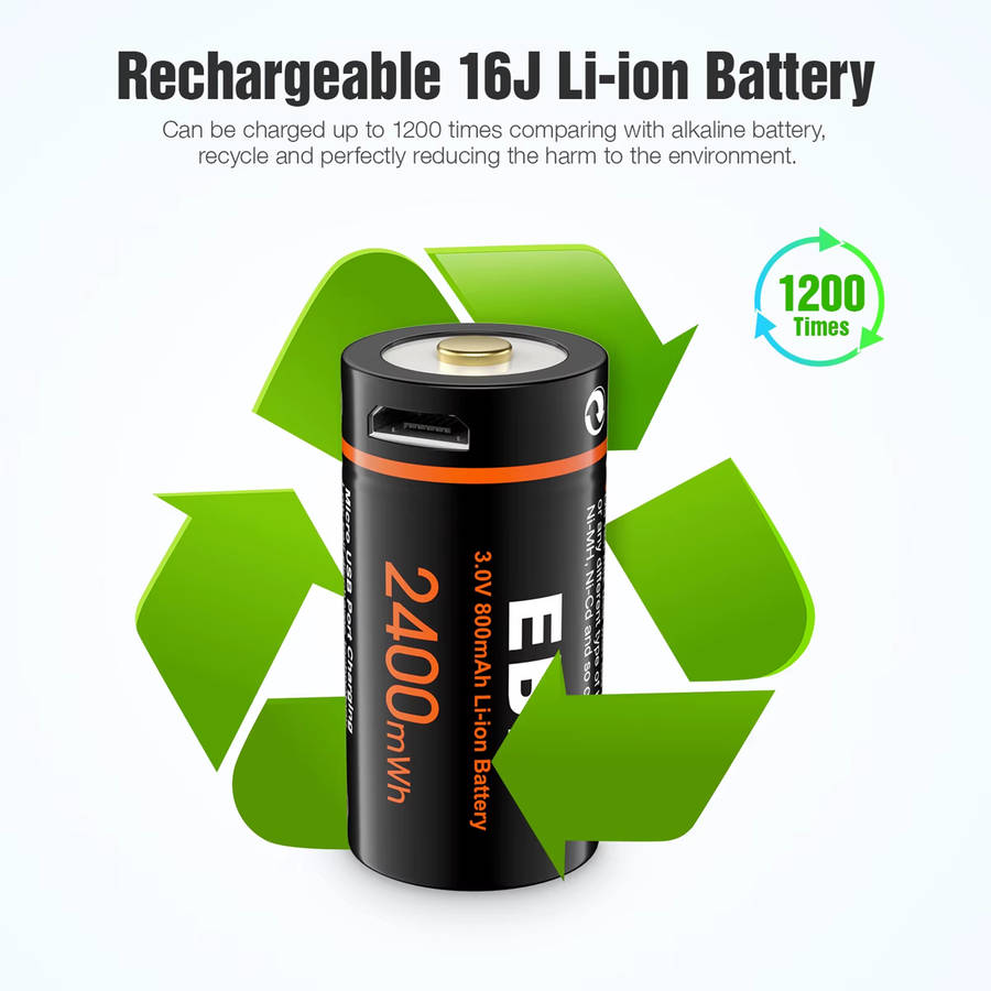EBL CR123A Micro USB Rechargeable Lithium-ion Battery | 16340 | 3V | 800mAh | 4 Pack