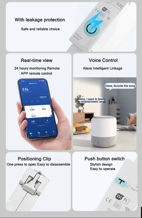 Smart Life Tuya WIFI 1P w/ Neutral & Leakage | 240V 63A 13800W 13.8KW w/ Power Monitor