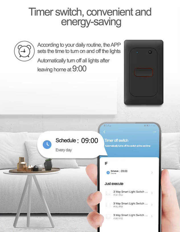 Smart Life Tuya WIFI 3CH LED Light Button Switch | Live & Neutral / Live & No Neutral Wire | Black