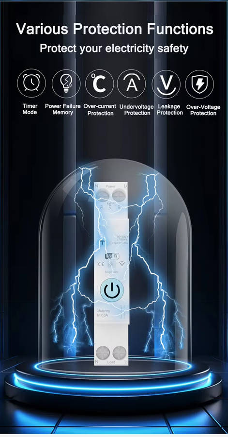 Smart Life Tuya WIFI 1P w/ Neutral & Leakage | 240V 63A 13800W 13.8KW w/ Power Monitor