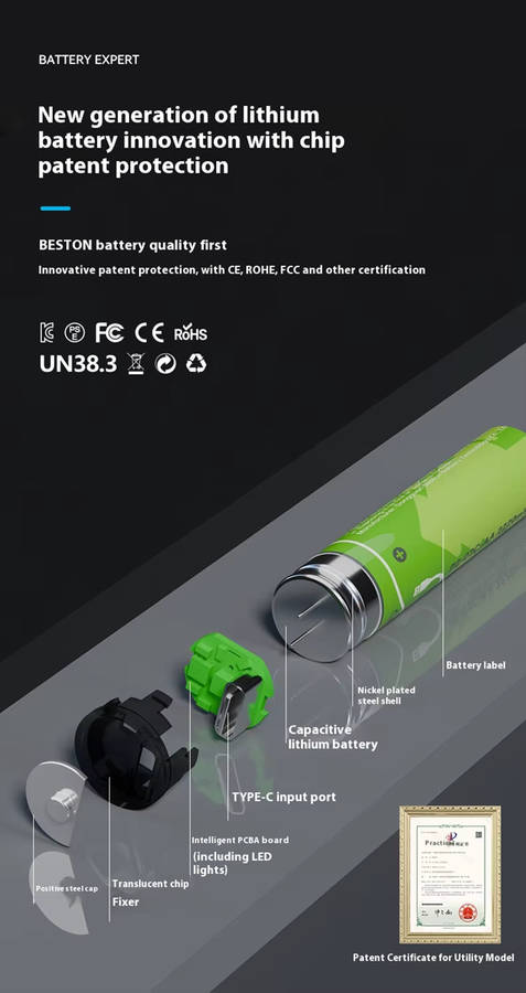 BESTON AA USB C Rechargeable Lithium-ion Battery | 14500 | 1.5V | 2000mAh | 4 Pack